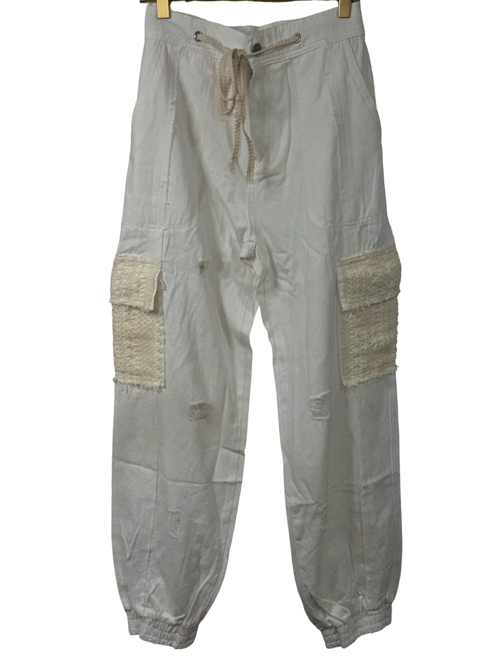 NEW POL BESTSELLER! White distressed lounge crotchet pocket cargo joggers knit